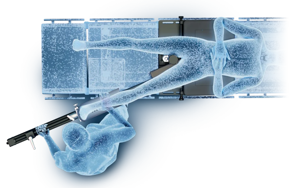 Surgeon operating over a patient utilizing a surgeon controlled patient positioning device from a bird's eye view