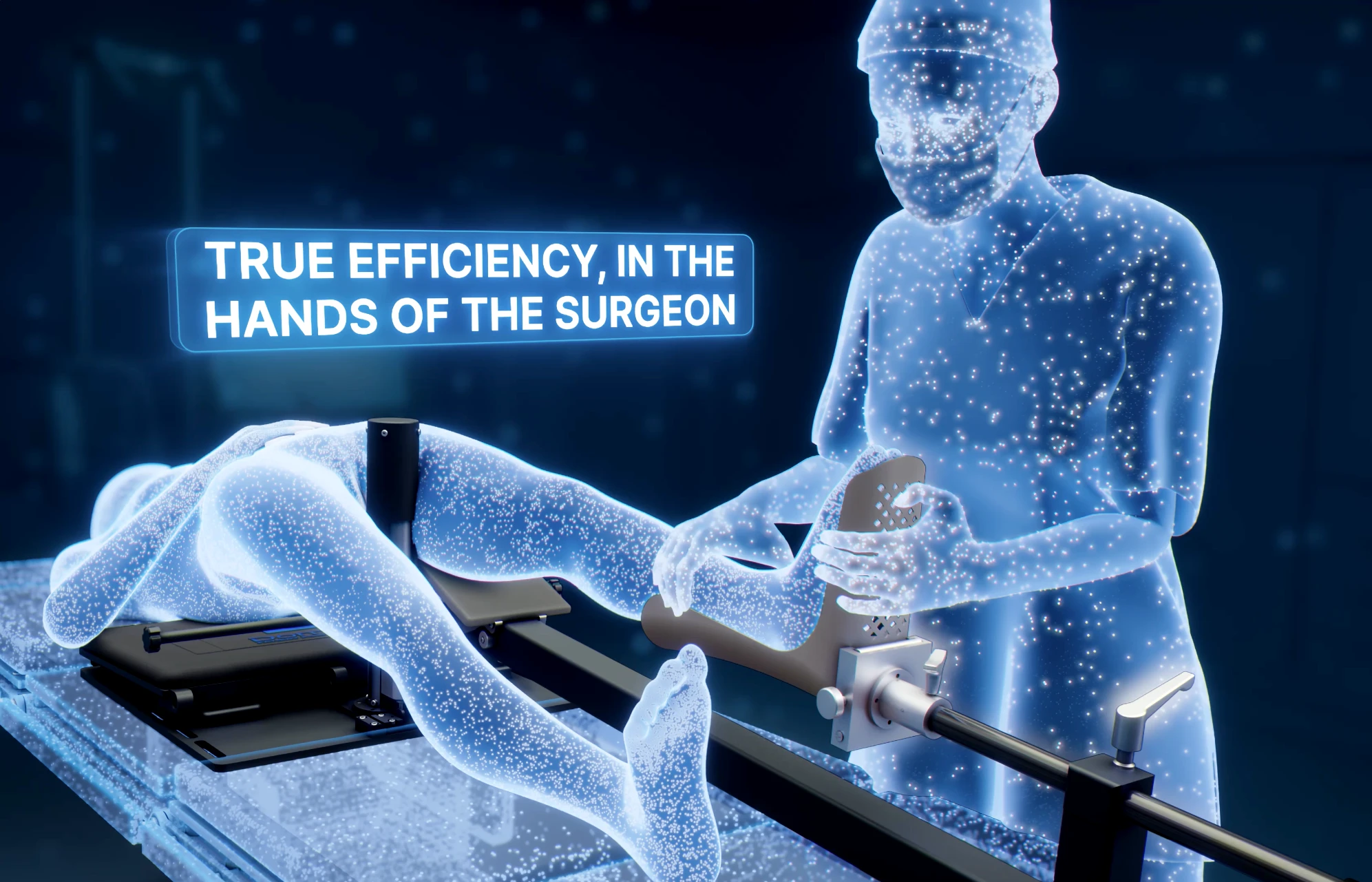 Dominion Surgical Surgeon operating over a patient utilizing the Dominion Patient Positioning System. Headlines "True efficiency, in the hands of the surgeon."